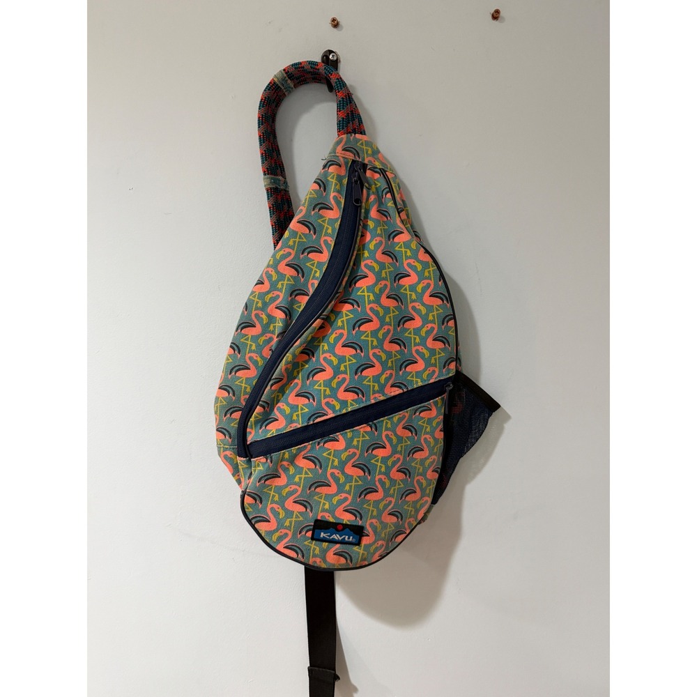 KAVU Rope Bag Flamingo Print Canvas Sling Backpack Blue Pink